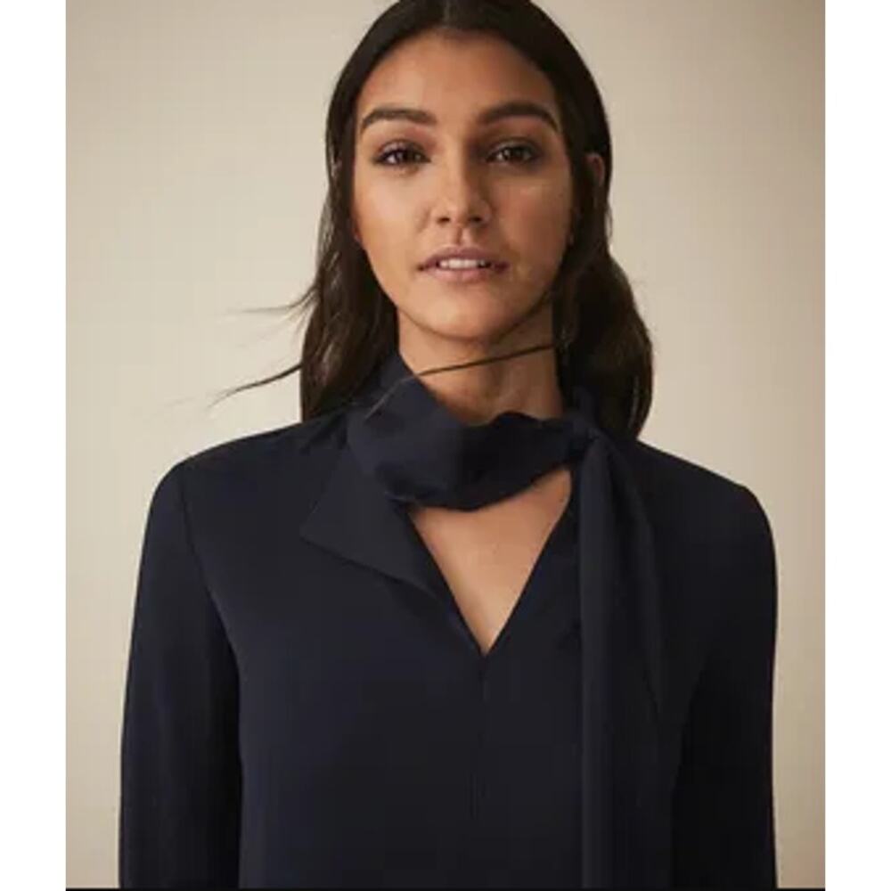 Reiss Mirela Neck Tie Knee Length Long Sleeve Dress Navy Blue Women's Size XS - Picture 2 of 16